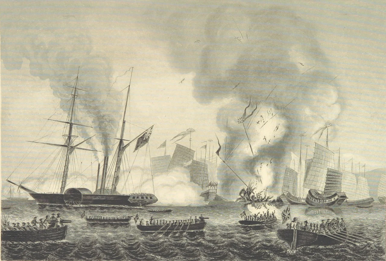 The Nemesis and boats of the Sulphur, Calliope, Larne, and Starling destroying the Chinese war junks in Anson's Bay, 7 January 1841.