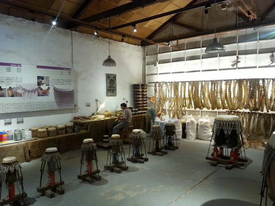 A corner of the Drum Museum featured at the Ten Drum Culture Village, showcasing different kinds of drums from East Asian countries.